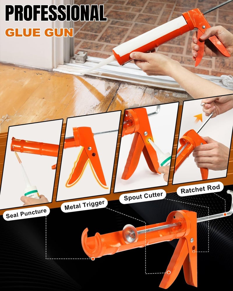 Holothurian Caulking Gun, Caulk Gun No Drip,Sealant Finishing Tool Grout Scraper for Kitchen Bathroom Window Sink Joint, 1/10 Gallon Cartridge, 10:1 Thrust Ratio, Orange, 2 Packs - Image 3
